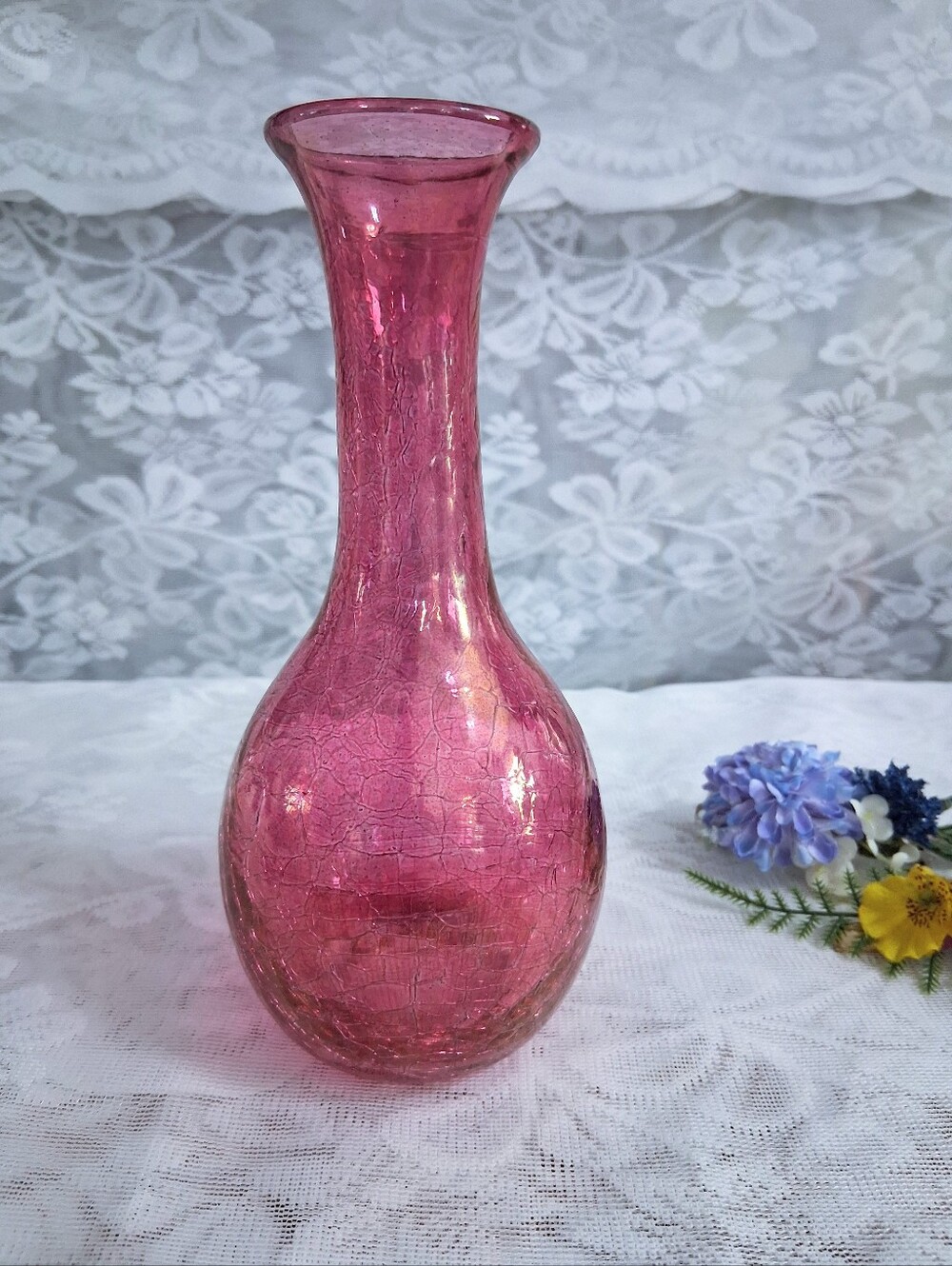 Vintage Art Glass Vase Hand-blown Rose Overlay Crackle Glass Mid-century MCM